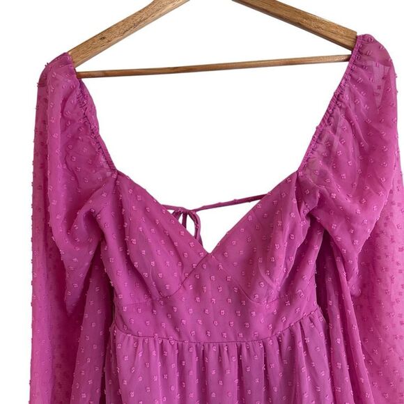 Lulus Longing And Love Pink Swiss Dot Puff Long Sleeve Mini Dress Size M NWT - Picture 5 of 9